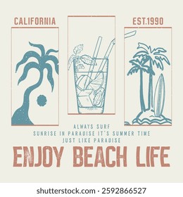 Hand drawn art long Beach Vibes summer sunset beach graphic print, summer Cocktalsi Club Vintage Summer Cocktail T-shirt Design, Summer vibes graphic print design, long Beach Vibes, sea, palm tree,sun