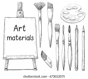 Hand drawn art material isolated on white background. The inscription on the canvas Art materials. Vector illustration of a sketch style.