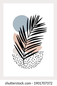 Hand drawn art in modern minimal style. Modern vector illustration with tropical palm leaf, doodle textures, minimal elements for minimalist print, cover, boho home decor, wallpaper design