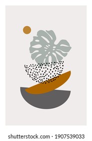 Hand drawn art in modern minimal style. Modern vector illustration with tropical palm leaf, doodle textures, minimal elements for minimalist print, cover, boho home decor, wallpaper design