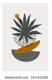 Hand drawn art in modern minimal style. Modern vector illustration with tropical palm leaf, doodle textures, minimal elements for minimalist print, cover, boho home decor, wallpaper design