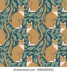 Hand drawn Art Nouveau Inspired seamless pattern with ginger cats and botanical lush green plants, playful seamless pattern for home decoration and stationery 