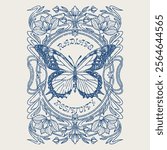 HAND DRAWN ART NOUVEAU ORNATE DECORATIVE BORDER FRAME BUTTERFLY INSECT ANIMAL POSITIVE VINTAGE TSHIRT TEE PRINT FOR APPAREL MERCHANDISE