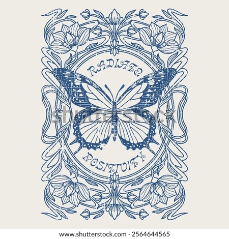 HAND DRAWN ART NOUVEAU ORNATE DECORATIVE BORDER FRAME BUTTERFLY INSECT ANIMAL POSITIVE VINTAGE TSHIRT TEE PRINT FOR APPAREL MERCHANDISE