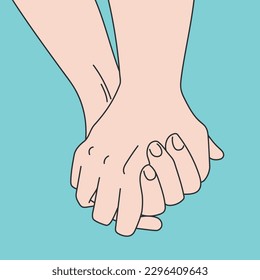Dibujo manual de mano en mano sobre fondo azul. Amor y amistad. Ilustración del vector