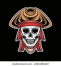 Hand Drawn Art of Pirate Skull Head Vector Design illustration
