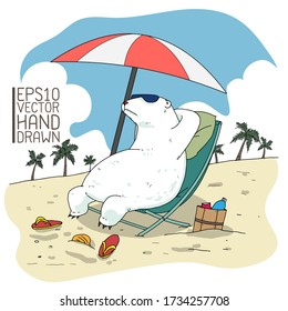 Hand drawn art of polar bear on beach, in summer concept