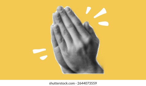 Hand drawn art of prayer where you hold and pray in retro background with meditation and finger sketch.