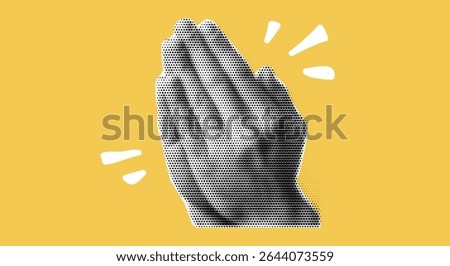 Hand drawn art of prayer where you hold and pray in retro background with meditation and finger sketch.