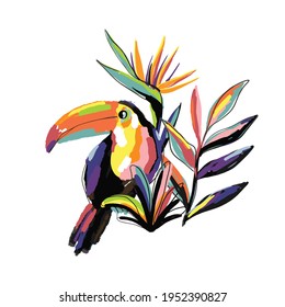 Hand drawn art print with Exotic tropical toucan