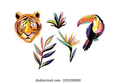 Hand drawn art print with Exotic tropical toucan and tiger