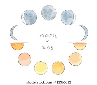 Hand Drawn Art Sketch Of Moon And Sun. Moon Phases. The Sun From Sunrise To Sunset. Lettering Moon And Sun Colored Vector