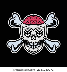 hand drawn art of skull head and brain on head Vector Design illustration
