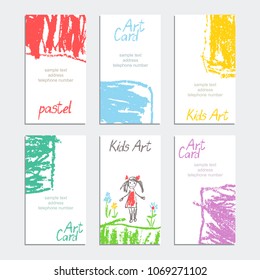 Hand drawn art stroke with pastel soft color crayon card. Poster template set. Colorful funny copy space shape group. Pastel chalk or pencil grunge design decor. Vector artistic background for text.