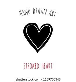 Hand drawn art: stroked heart. Symbol of love, relationships, romantic and valentine day. Black graphic vector heart on white background.