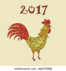 Hand drawn art stylized rooster sign Chinese Happy New Year 2017. Celebrities card   . Design for brochure, calendar . zentangle style.