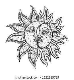 Hand drawn art sun and crescent moon. Flash tattoo design. Antique style design, isolated on white background. Vector 