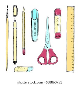 hand drawn art supplies. Back to school set of stationery.