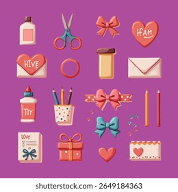 Hand Drawn Art Supplies and Love Symbols Vector Pack for Greeting Card Design