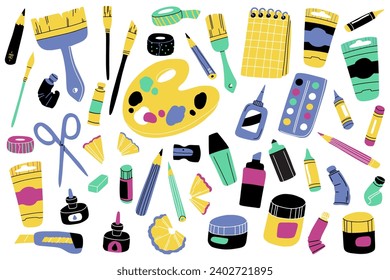 Hand drawn art supplies set: paint tubes, brushes, pencils, watercolor, palette, crayons. Drawing and painting tools. Flat minimalist collection of isolated vector elements. Art classes and workshops