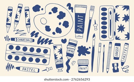 Hand drawn art supplies set with palette and paint tubes. Minimalist doodle collection of brushes and pencils in blue mediterranean vector style