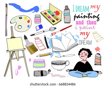 Hand drawn art tools. Colored graphic vector set. All elements are isolated