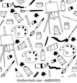 Hand drawn art tools. Colored graphic vector seamless pattern