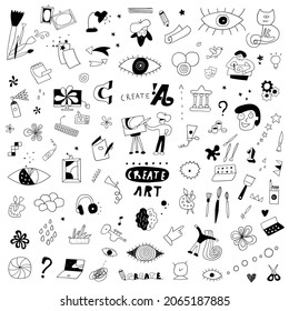 doodles de herramientas de arte dibujadas a mano, fondo vectorial
