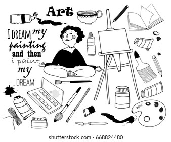 Hand drawn art tools. Graphic vector set. All elements are isolated
