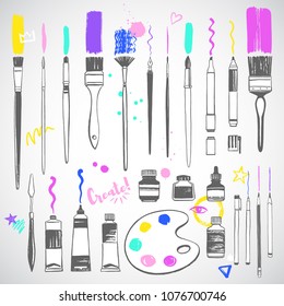 Hand drawn art tools, painting supplies, artist equipment illustrations set. Fan, flat, round, watercolor brushes with strokes and blob, doodle. Paint bottle, jar, oil or acrylic tube, pencil, palette