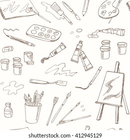 Hand drawn art tools seamless pattern. Isolated vector illustration for identity, design, decoration, packages product and interior decoration