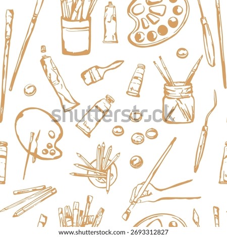 Hand drawn art tools seamless pattern. Art education wallpaper with pencil, paintbrush, palette, paint. Painter supplies vector illustration.