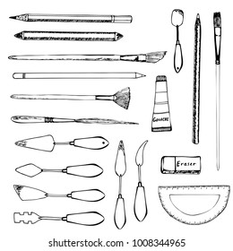 Hand drawn art tools set. Isolated on white. Vector illustration.