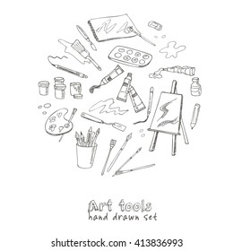 Hand drawn art tools set. Isolated vector illustration for identity, design, decoration, packages product and interior decoration