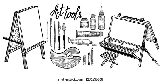 Hand drawn art tools and supplies set. Sketch. Painting tools elements vector concept. Art supplies: easel, canvas, paint tubes, brushes. Drawing creative materials illustration for workshops designs