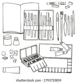 Hand drawn art tools and supplies set. Sketching Kit. Artistic paintbrushes and watercolor  paints. Vector  illustration.