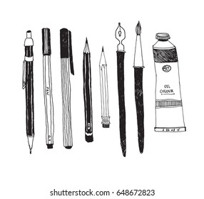 Hand Drawn Art Tools And Supplies Set. Vector Doodle Illustration.