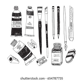 Hand Drawn Art Tools And Supplies Set. Vector Doodle Illustration.