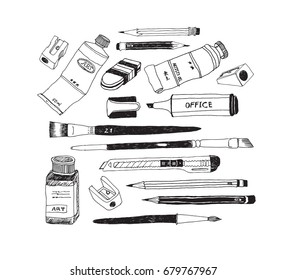 Hand drawn art tools and supplies set. Vector doodle illustration. Brush, Paintbrush, Paint tube, Sharpener, Pen, Pencil, Knife, Ink bottle, Cutter, Eraser, Rubber, Highlighter.