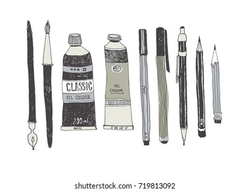 Hand drawn art tools and supplies set. Doodle style. Vector illustration.