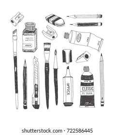 Hand Drawn Art Tools And Supplies Set. Vector Doodle Illustration. Brush, Paintbrush, Paint Tube, Sharpener, Pen, Pencil, Knife, Ink Bottle, Cutter, Eraser, Rubber, Highlighter.