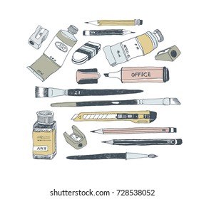 Hand drawn art tools and supplies set. Vector doodle illustration. Brush, Paintbrush, Paint tube, Sharpener, Pen, Pencil, Knife, Ink bottle, Cutter, Eraser, Rubber, Highlighter.