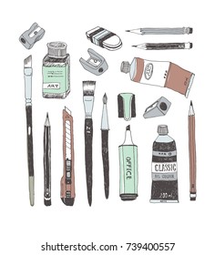 Hand drawn art tools and supplies set. Vector doodle illustration. Brush, Paintbrush, Paint tube, Sharpener, Pen, Pencil, Knife, Ink bottle, Cutter, Eraser, Rubber, Highlighter.