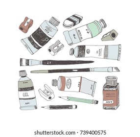 Hand Drawn Art Tools And Supplies Set. Doodle Style. Vector Illustration.