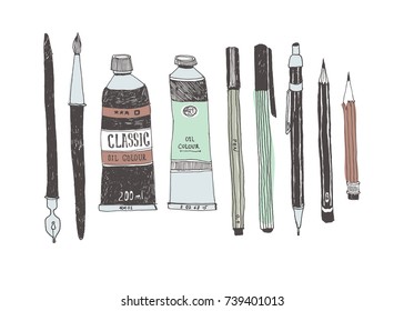 Hand drawn art tools and supplies set. Doodle style. Vector illustration.