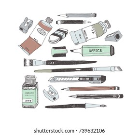 Hand drawn art tools and supplies set. Vector doodle illustration. Brush, Paintbrush, Paint tube, Sharpener, Pen, Pencil, Knife, Ink bottle, Cutter, Eraser, Rubber, Highlighter.