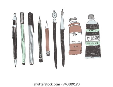 Hand drawn art tools and supplies set. Doodle style. Vector illustration.