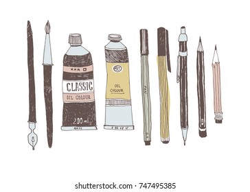 Hand drawn art tools and supplies set. Doodle style. Vector illustration.