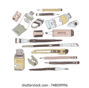 Hand drawn art tools and supplies set. Vector doodle illustration. Brush, Paintbrush, Paint tube, Sharpener, Pen, Pencil, Knife, Ink bottle, Cutter, Eraser, Rubber, Highlighter.