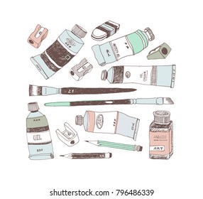 Hand drawn art tools and supplies set. Doodle style. Vector illustration.